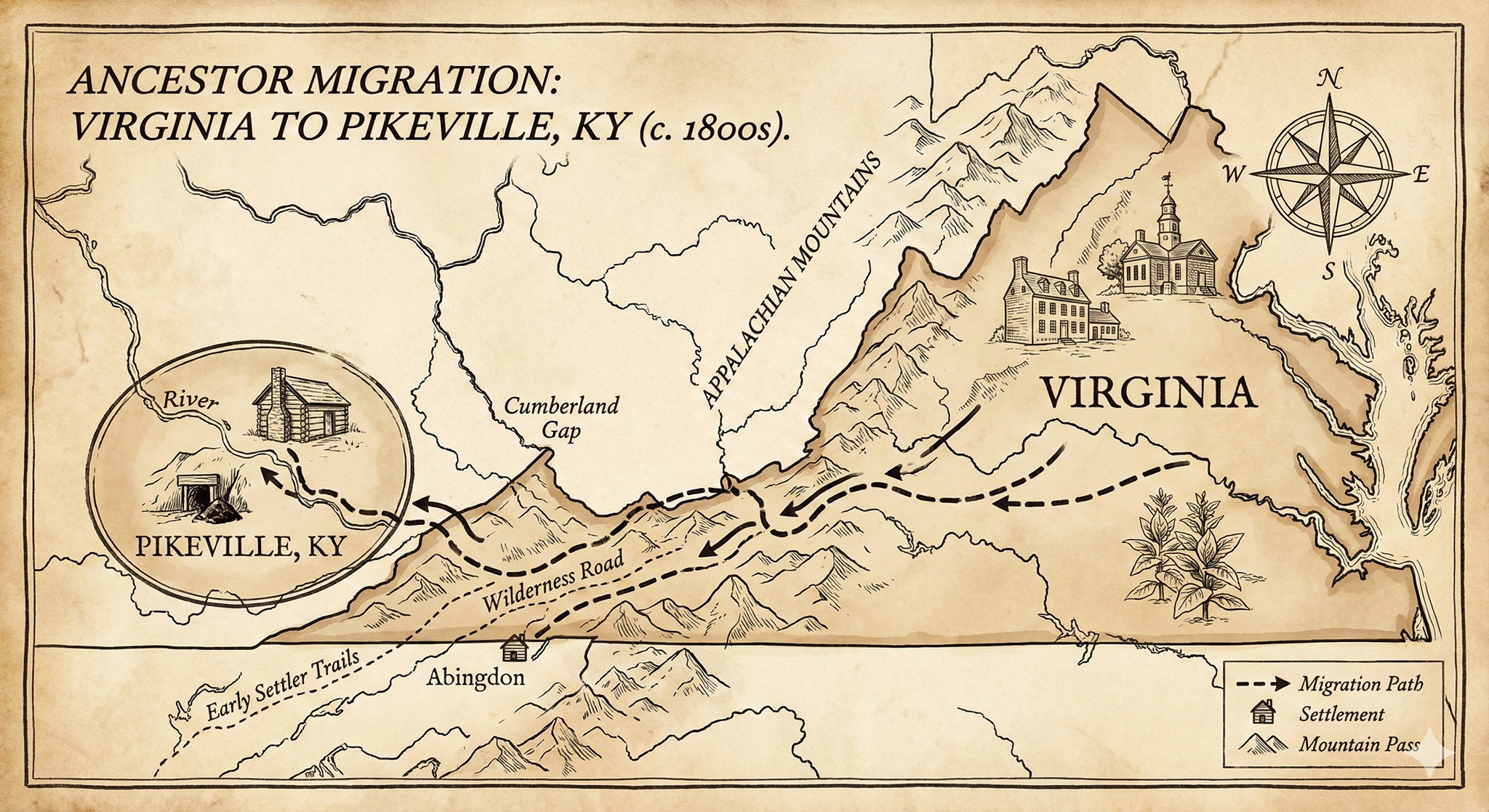 Ancestor migration map — Virginia to Pikeville, KY circa 1800s