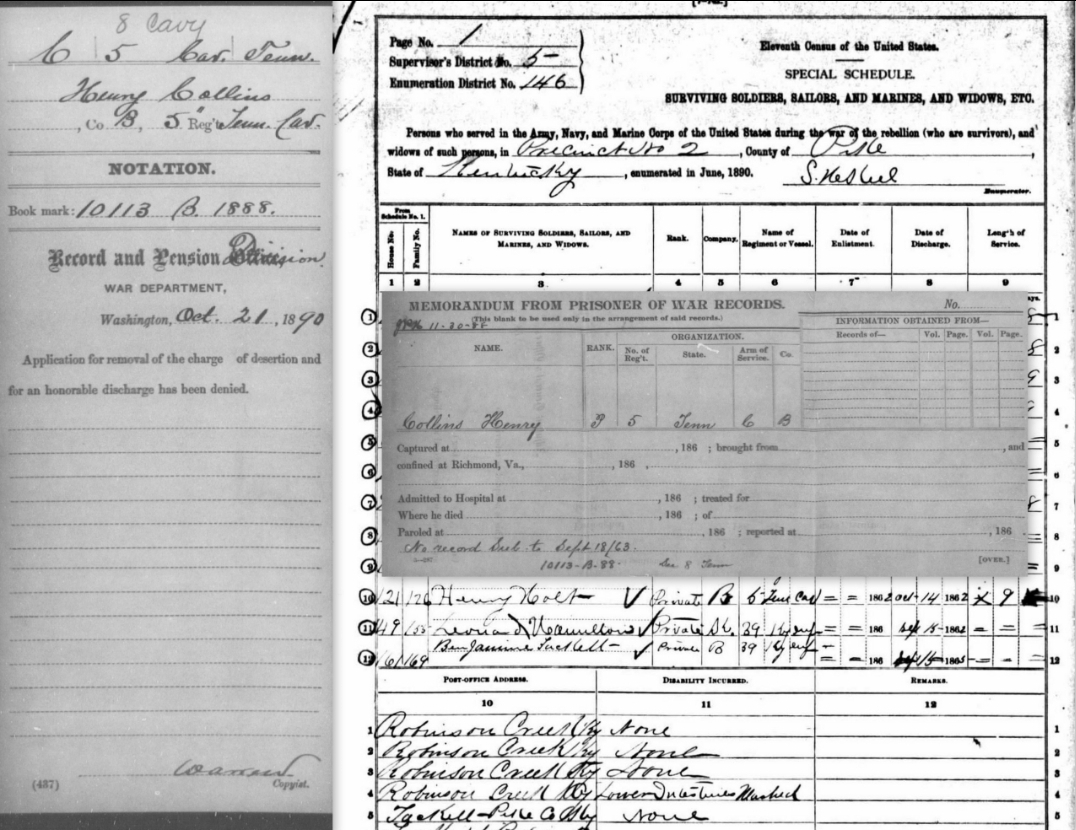 Union Army enlistment record for Henry Collins, 8th Tennessee Cavalry, 1863
